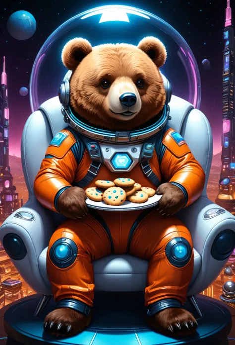 (cute cartoon style:1.3), (((close-up of bear sitting on futuristic sofa))), (full sleek cyberpunk spacesuit:1.2), ((open head))...