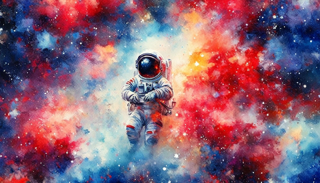 (japanisches Aquarell, Verwenden Sie nur Rot, weiß und blau: 1.5) Arafed-Foto von Astronauten, die im Weltraum schweben, watching endless Sterns, entfernte Galaxie, beschwingt, 超Hohe Auflösung, Hoher Kontrast, Meisterwerk:1.2, höchste Qualität, Beste Ästhetik), beste Details, höchste Qualität, Hohe Auflösung, Ultraweitwinkel, 16K, [Super detailliert], Meisterwerk, höchste Qualität, (Sehr detailiert), Hollywood-Filme, Stern, 荒れ狂うStern雲