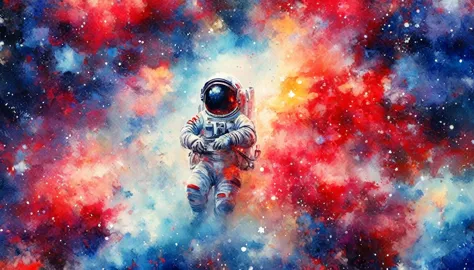 (japanese watercolor, Use only red, White and blue: 1.5) Arafed photo of astronauts floating in space, watching endless stars, d...