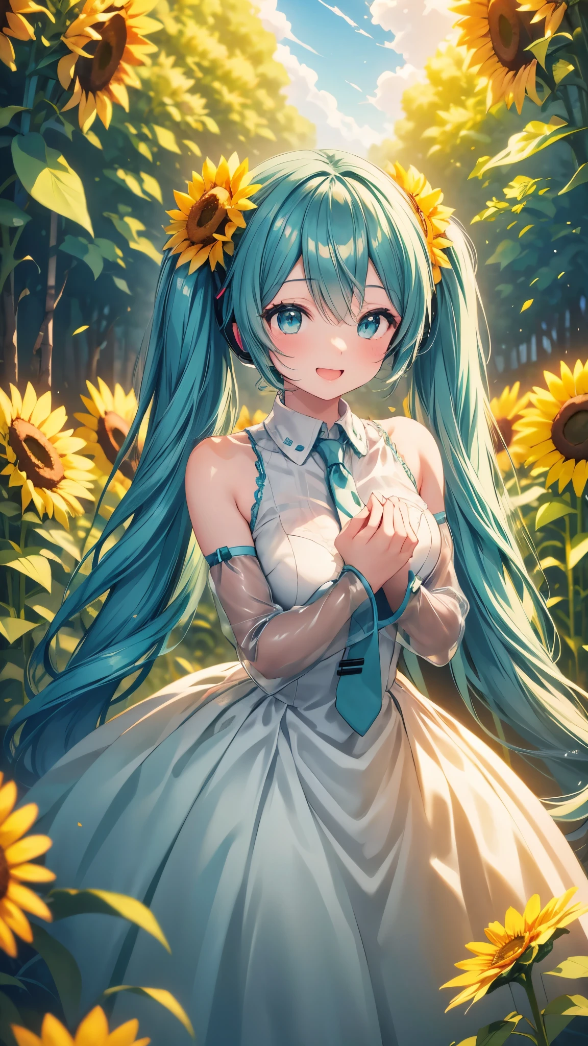 Hatsune Miku、Wearing a sheer dress、Covered with a transparent white cloth、Have a bouquet of sunflowers、Laughing happily、Surrounded by flowers