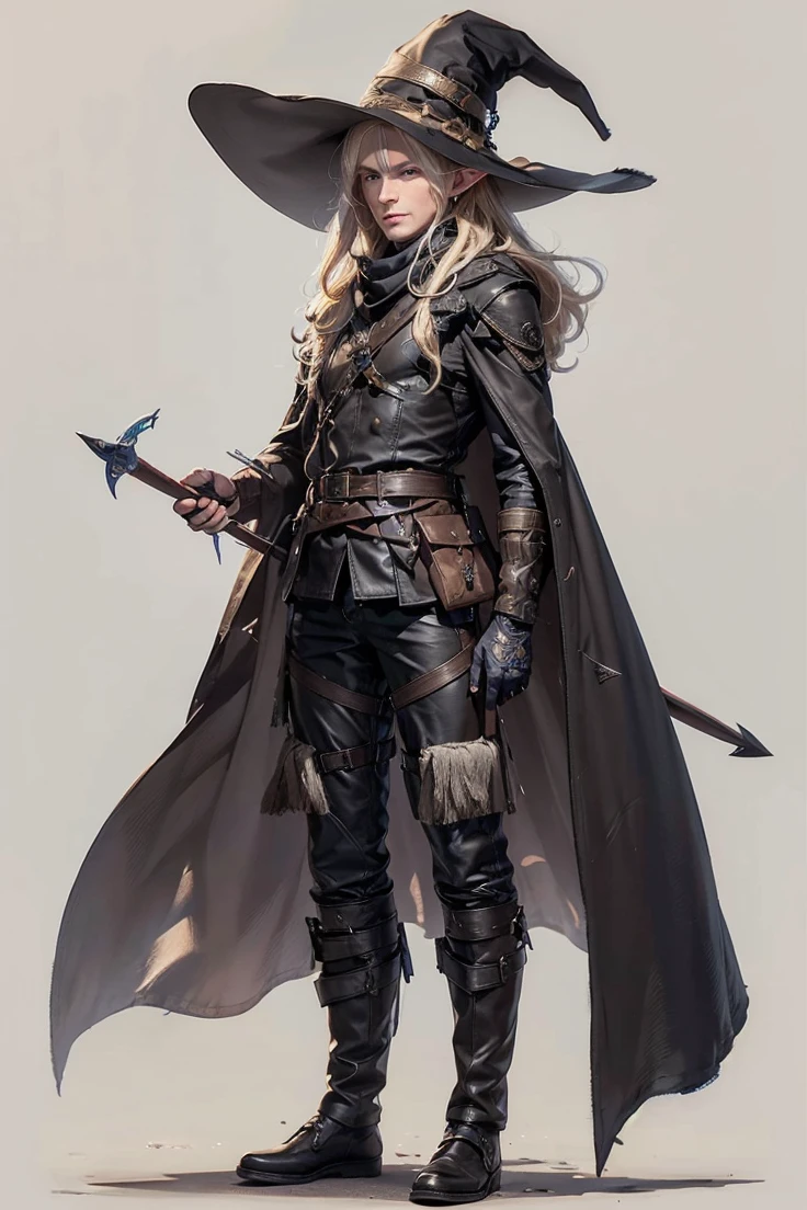 (male character), (extra long, flowing, blond-colored hair), (heterochromia), (left eye: blue), (right eye: brown), (black leather coat), (black shirt), (archery gloves), (black trousers), (black scarf), (illustration), (ultra-detailed), (realistic), (highres), (portrait), (mysterious lighting), (vivid colors) (mage) (fighter) (mature male) (cold light),(1boy),elf,elfo (elf),(elfo)