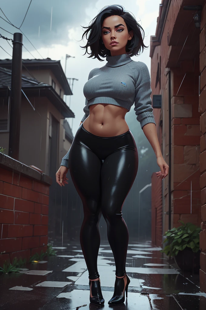 facing away from the viewer 1 Extremely thin woman with a round ass, thighs with muscles showing, thin waist, perfect body, she is Against a brick wall, alley}, (haircut, black hair), (detailed eyes), (big bright blue eyes ) ), (sensual, wearing a short sweater showing her belly, and black Leather Thermal Flannel Leggings - FashionLeg), ((high heels), (rainy weather, cloudy sky, raining, she is all wet) , dynamic vision, high quality 32k, hyper realistic, cinematic.