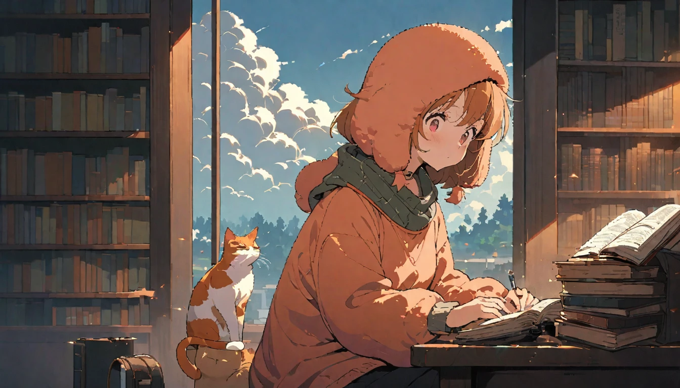 ((anime:1.4,illustration)),(masterpiece, top quality, best quality),(ultra-detailed, absolutely resolution),((16k, high res)), (((girl, study in library, cat, sky, cumulonimbus cloud)) ((cozy lofi illustration:1.4)), ((anime:1.4, illustration)),(masterpiece, top quality, best quality),(ultra-detailed, absolutely resolution),((16k, high res)) BREAK {lofi art, style of Laurie Greasley, style of Makoto Shinkai, anime aesthetic}, BREAK { (produces images with information than 40 million pixels with cinematic-like detailed textures shot on a Sony SLR).}