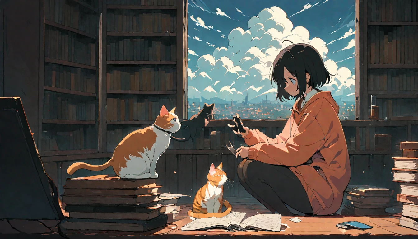 ((anime:1.4,illustration)),(masterpiece, top quality, best quality),(ultra-detailed, absolutely resolution),((16k, high res)), (((girl, study in library, cat, sky, cumulonimbus cloud)) ((cozy lofi illustration:1.4)), ((anime:1.4, illustration)),(masterpiece, top quality, best quality),(ultra-detailed, absolutely resolution),((16k, high res)) BREAK {lofi art, style of Laurie Greasley, style of Makoto Shinkai, anime aesthetic}, BREAK { (produces images with information than 40 million pixels with cinematic-like detailed textures shot on a Sony SLR).}