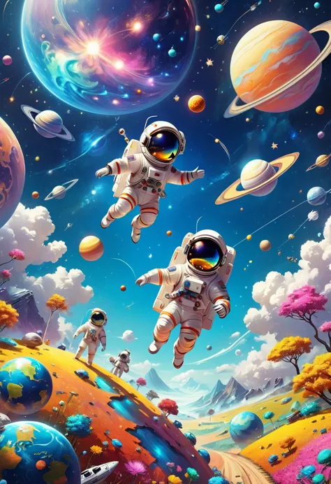 a 3d illustration of things such as a universe, astronaut, spaceship,planet, in the style of lively illustrations, childlike fig...