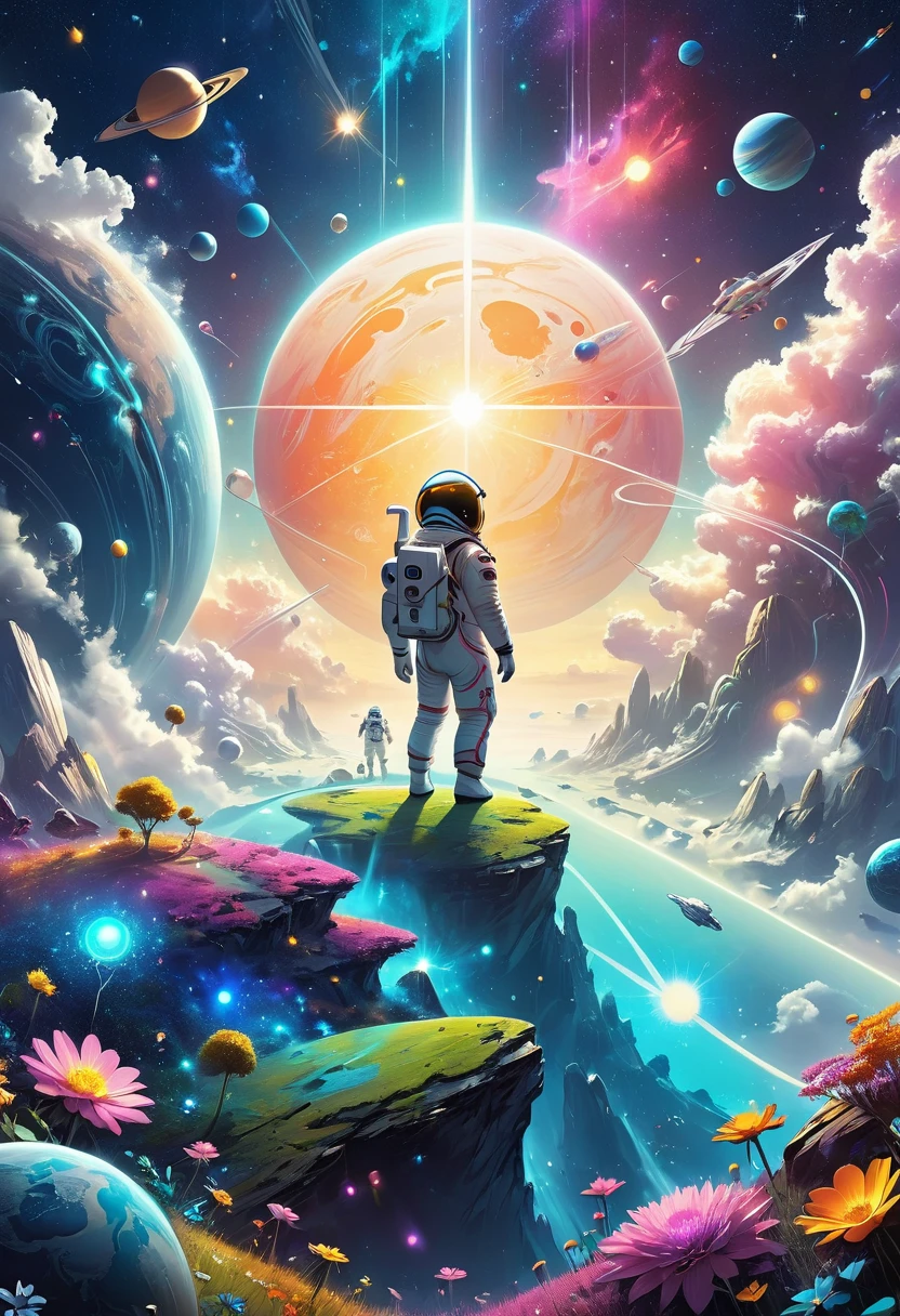 A 3d illustration of things such as a universe, astronaut, spaceship,planet, in the style of lively illustrations, childlike figures, hallyu, ad posters, use of bright colors, earthworks, soft color fields light-filled scenes，futuristic, ethereal, glowing, mystical