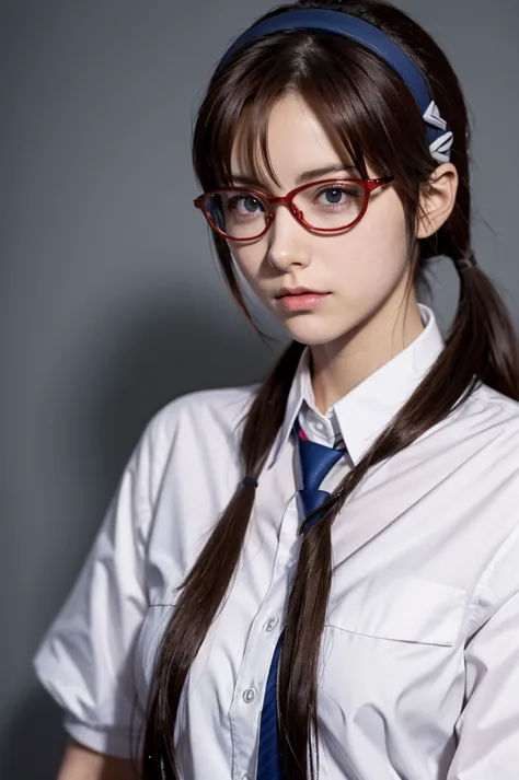 mari illustrious , neon genesis evangelion , small red rectangular glasses , brown hair , tie your hair on both sides , mari mak...