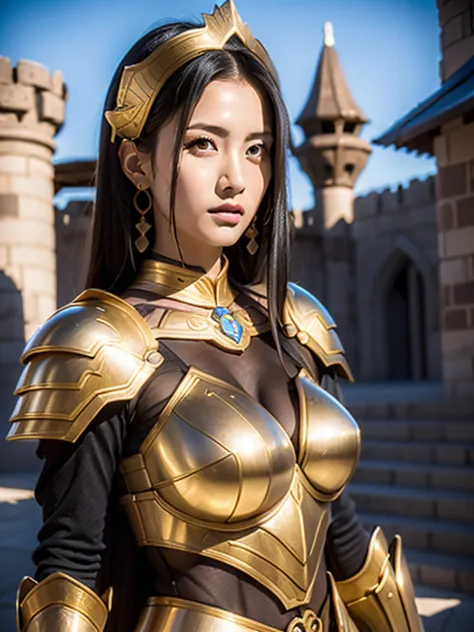 beautiful warrior woman in golden otoman armor, porfect human face detailed, Jet black hair, hoplite helmet, muscular, huge nake...