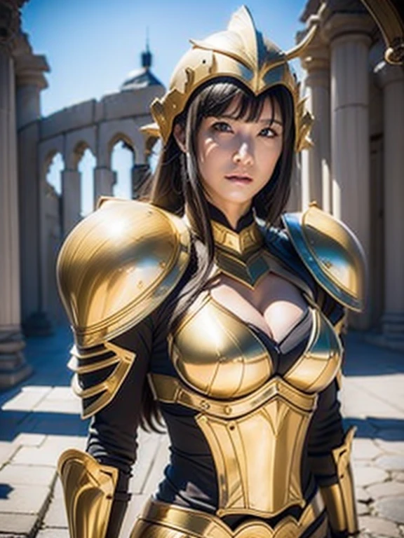 beautiful warrior woman in golden otoman armor, porfect human face detailed, Jet black hair, hoplite helmet, muscular, huge naked breasts, I look at the viewer, foreground, model photo poses, work of art, best qualityer, 8K, nblurry background, medieval fantasy castle in the background