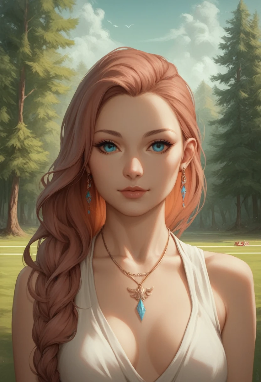 (8K, คุณภาพดีatสุด, Masterpiece), (very detailed:1.1), (ผิวatมีรายละเอียดสูง),1 girl, light blue_eyes, chest, rift, Depth_of_stadium, earring, forest, decorations, long_hair, look_at_viewer, moderate_chest, nature, necklace, outdoor, realistic, alone, tree, on_body, 