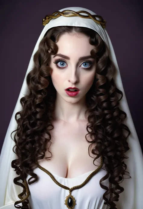 young woman,pale skin,curly hair and dark color, big eyes with black pupils, dressed as the virgin mary. , with a thin nose . wi...