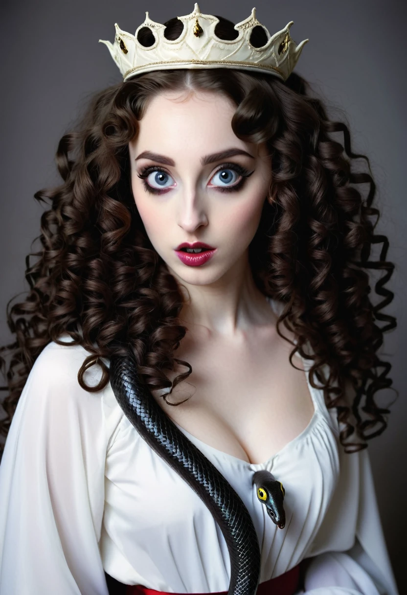 young woman,pale skin,Curly hair and dark color, big eyes with black pupils, dressed as the Virgin Mary. , with a thin nose . with an exaggeratedly elongated mouth similar to that of a demon with a snake&#39;s tongue with several fangs in its mouth.