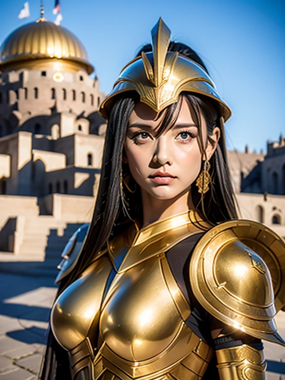 beautiful warrior woman in golden greek armor, porfect human face detailed, Jet black hair, hoplite helmet, muscular, huge naked breasts, I look at the viewer, foreground, model photo poses, work of art, best qualityer, 8K, nblurry background, medieval fantasy castle in the background