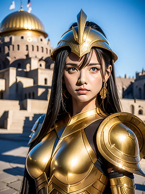 beautiful warrior woman in golden greek armor, porfect human face detailed, Jet black hair, hoplite helmet, muscular, huge naked...