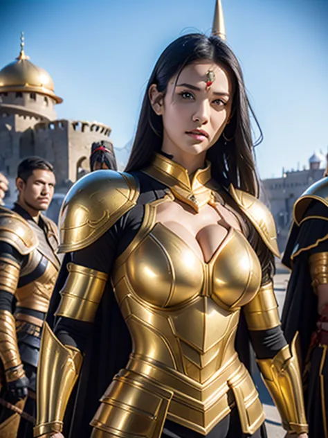beautiful warrior woman in golden greek armor, porfect human face detailed, Jet black hair, hoplite helmet, muscular, huge naked...