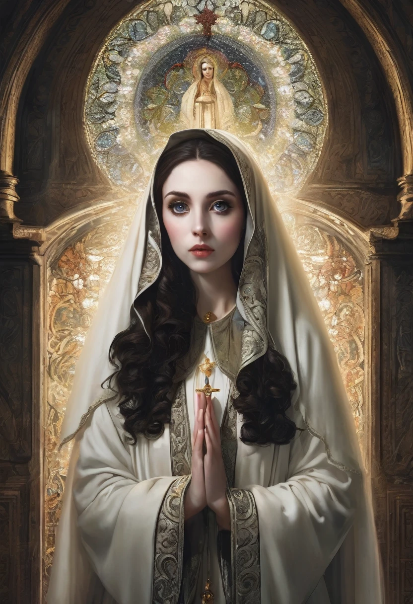 young woman,pale skin,Curly hair and dark color, big eyes with black pupils, dressed as the Virgin Mary. , with a thin nose . with an exaggeratedly elongated mouth similar to that of a demon with a snake&#39;s tongue with several fangs in its mouth.