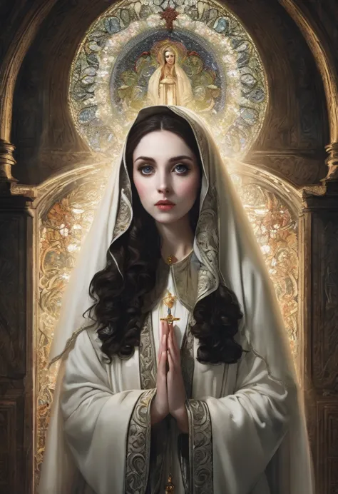 young woman,pale skin,curly hair and dark color, big eyes with black pupils, dressed as the virgin mary. , with a thin nose . wi...