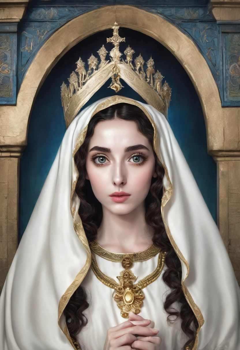 young woman,pale skin,Curly hair and dark color, big eyes with black pupils, dressed as the Virgin Mary. , with a thin nose . with an exaggeratedly elongated mouth similar to that of a demon with a snake&#39;s tongue with several fangs in its mouth.