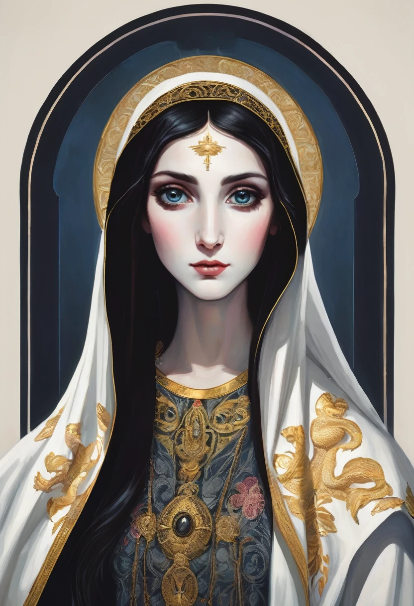 young woman,pale skin,dark colored hair ,big eyes with black pupil ,with clothing of the virgin mary , with a thin nose . with an exaggeratedly elongated open mouth similar to that of a demon with a snake&#39;s tongue with several fangs in its mouth.