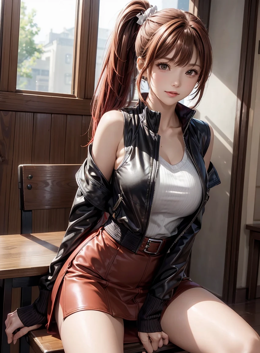 (best quality:1.3), high resolution, Very detailed, Very detailed CG Unity 8k wallpaper, Practical, photo-Practical, original photo, Pretty Face, White skin, Genuine Leather, High quality fabrics, Detailed hair texture, Perfect body, Beautiful Features, Precision Fingering, Anatomically correct, Very detailed face and skin texture、A girl, Lovely, Red hair, ((Side Ponytail, Brown eyes: 1. 2)), ((Slanted eyes:1.3))、Thick bangs, sleeveless jacket、Cardigan jacket、Pencil Skirt、belt、Knee-high boots、leather gloves、sit on the chair、spread your legs