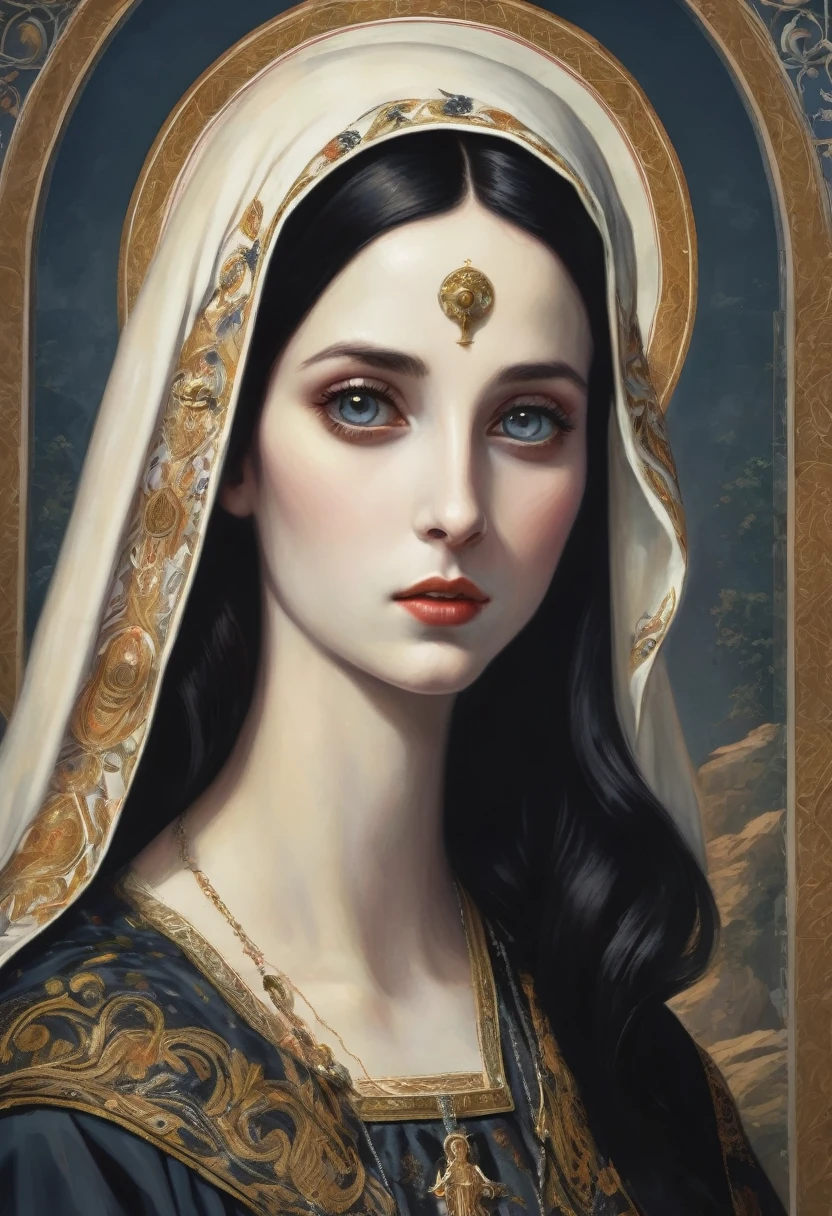 young woman,pale skin,dark colored hair ,big totally black eyes  ,with clothing of the virgin mary , with a thin nose . with an exaggeratedly elongated open mouth similar to that of a demon with a snake&#39;s tongue with several fangs in its mouth.