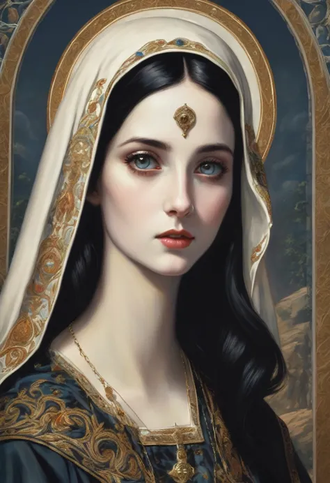 young woman,pale skin,dark colored hair ,big totally black eyes  ,with clothing of the virgin mary , with a thin nose . with an ...