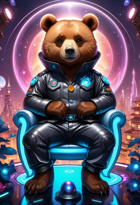 (Cute cartoon style:1.3), (((close-up of bear sitting on ethereal futuristic sofa))), (sleek cyberpunk trousers and button-up sh...