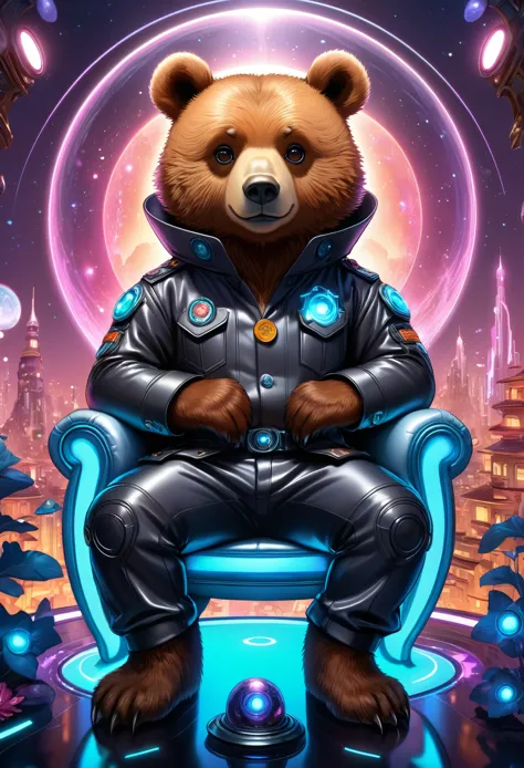 (cute cartoon style:1.3), (((close-up of bear sitting on ethereal futuristic sofa))), (sleek cyberpunk trousers and button-up sh...