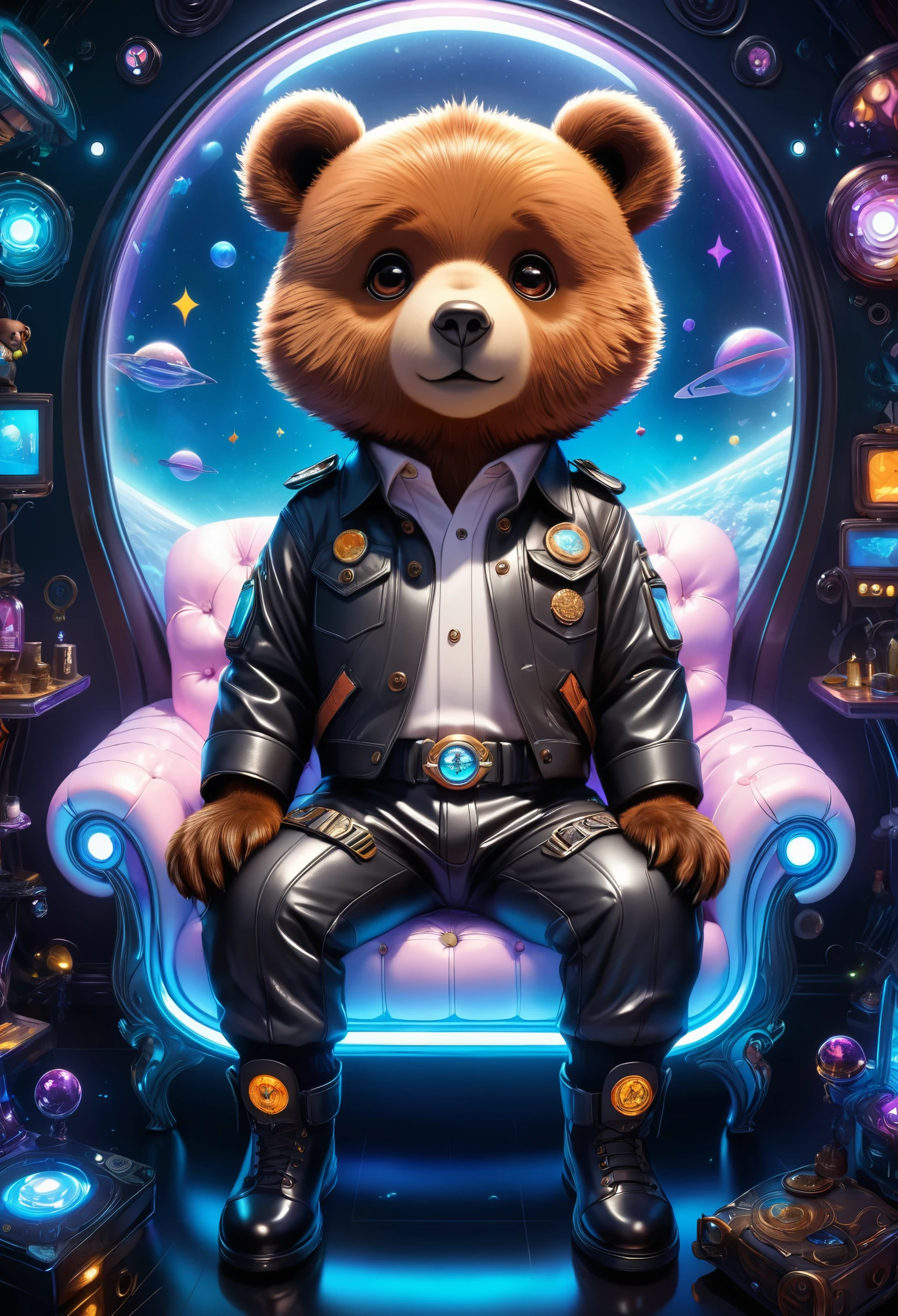 (Cute cartoon style:1.3), (((close-up of mighty bear God holding otherworldly planet))), (full sleek classic spacesuit:1.2), ((open head)), dark fur, epic space scenery, intricate design, bright colors, masterpiece in maximum 16K resolution, best quality, ultra detailed, aesthetics, absurdes.