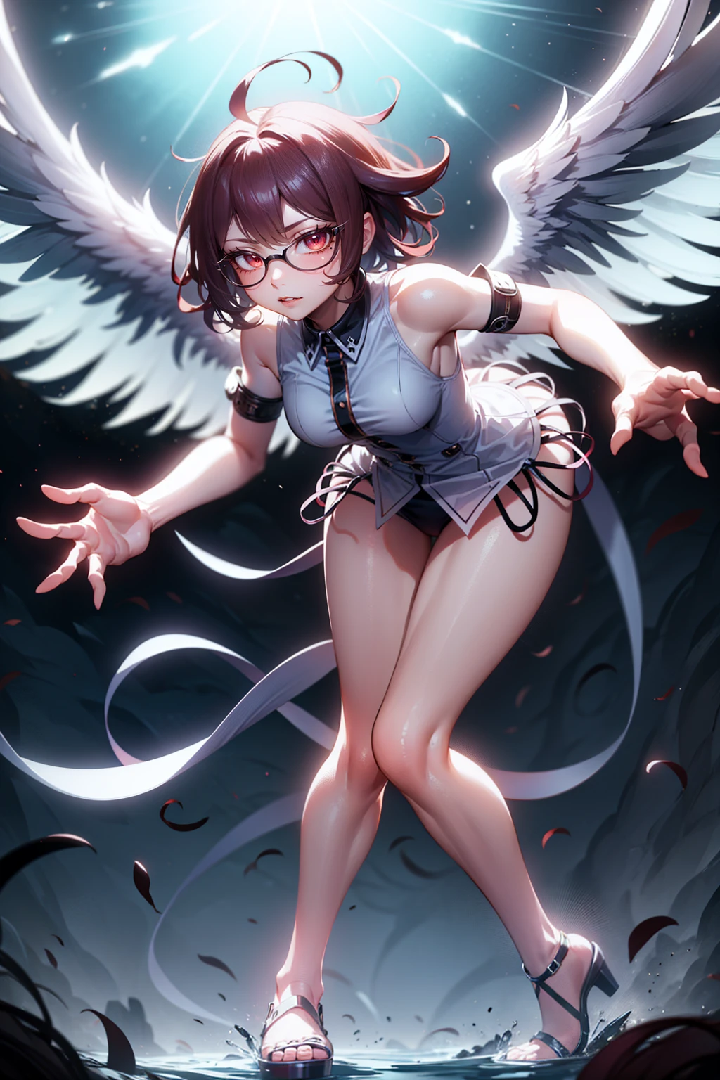 mujer angelical pelo corto marimacho, de pie sexy con gafas, y alas blancas, Ajuste azul, pose de movimiento, cuerpo completo, manos perfectas, cielo azul
