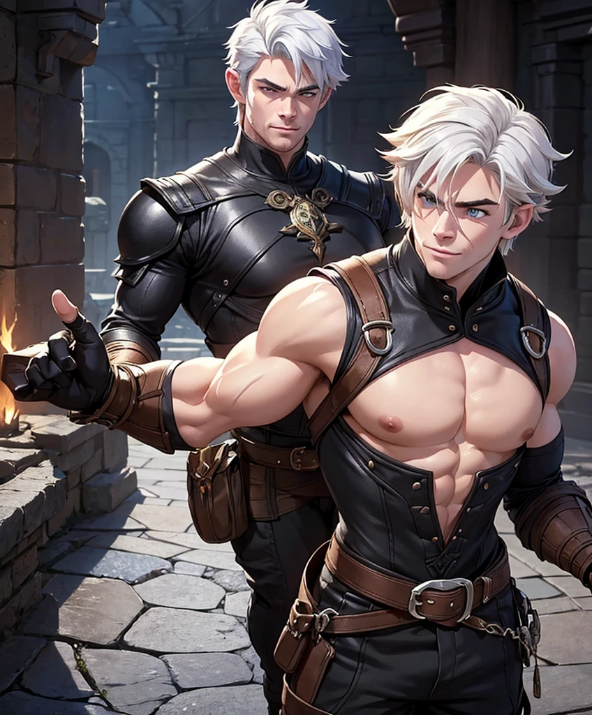 (((Luxurious white hair and sexy smirk.))) (((18 years old.))) (((18yo.))) (((Cute smirk.))) (((Single character image.))) (((1boy))) (((Looks like beefcake male fantasy character.))) (((Looks like Chris Hemsworth.))) (((Dressed in medieval fantasy attire.))) Sexy, mussed hair.  Looks like a sexy male twink porn star. (((Very appealing, sexy physique.)))  (((Male fantasy character in a grim fantasy setting.))) Looks like a fun-loving and heroic male adventurer for Dungeons & Dragons. Looks like a very attractive male adventurer for a high fantasy setting. Looks like a hot boyfriend. Looks like a handsome and rugged male adventurer for Dungeons & Dragons. Looks like a handsome male for a medieval fantasy setting. Looks like a Dungeons & Dragons adventurer, very cool and masculine hair style, black clothing, handsome, charming smile, adventurer, athletic build, excellent physique, confident, gorgeous face, gorgeous body, detailed and intricate, fantasy setting,fantasy art, dungeons & dragons, fantasy adventurer, fantasy NPC, attractive male in his mid 20's, ultra detailed, epic masterpiece, ultra detailed, intricate details, digital art, unreal engine, 8k, ultra HD, centered image award winning, fantasy art concept, digital art, centered image, flirting with viewer, best quality:1.0,hyperealistic:1.0,photorealistic:1.0,madly detailed CG unity 8k wallpaper:1.0,masterpiece:1.3,madly detailed photo:1.2, hyper-realistic lifelike texture:1.4, picture-perfect:1.0,8k, HQ,best quality:1.0, 

 best quality:1.0,hyperealistic:1.0,photorealistic:1.0,madly detailed CG unity 8k wallpaper:1.0,masterpiece:1.3,madly detailed photo:1.2, hyper-realistic lifelike texture:1.4, picture-perfect:1.0,8k, HQ,best quality:1.0,


