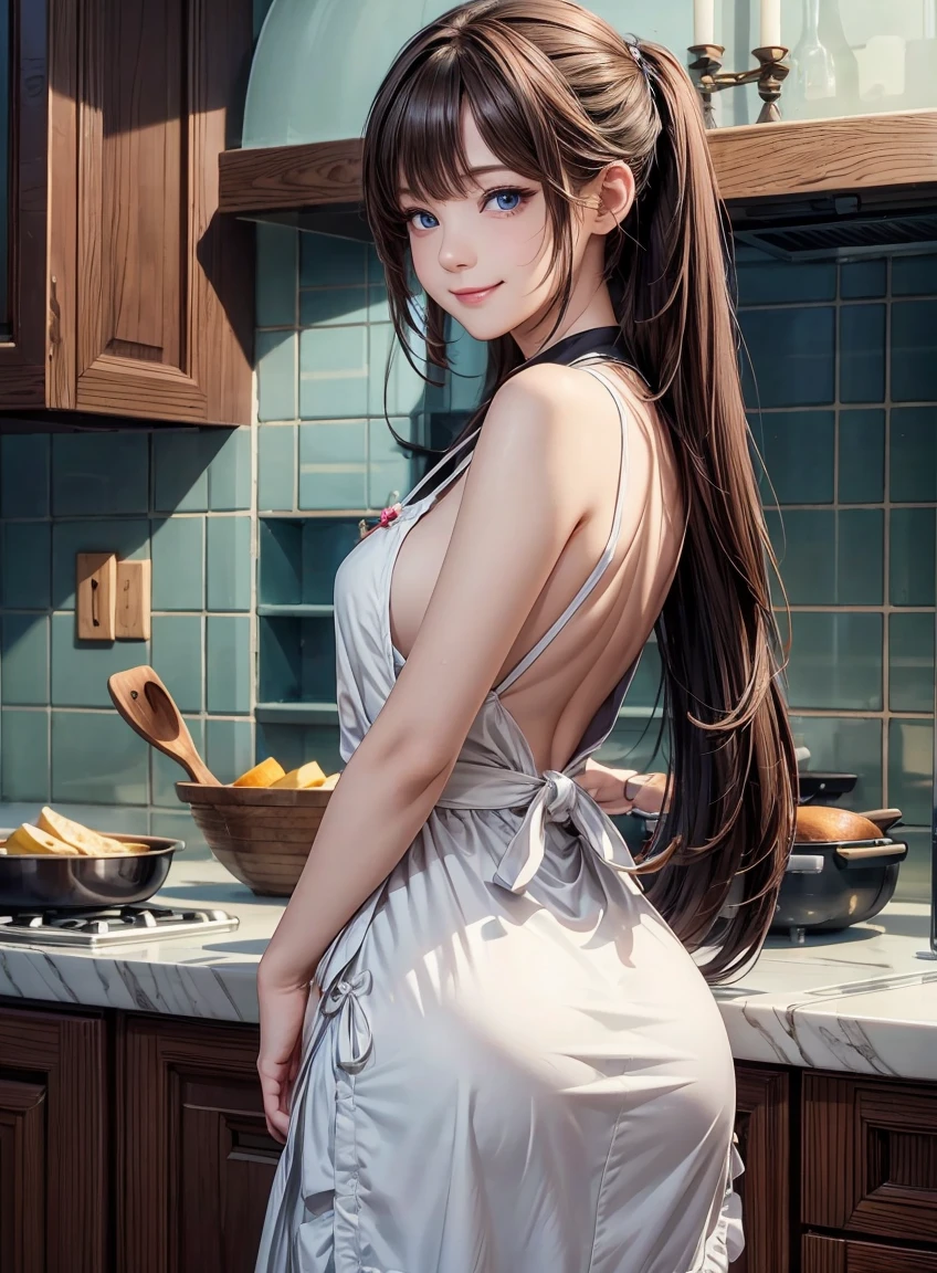 kitchen, apron, Open back, Open Ass,  Looking Back, Look back, (Surreal), (illustration), (Improve resolution), (8K), (Extremely detailed), (Best illustration), (Beautiful and delicate eyes), (best quality), (Extremely detailed), (masterpiece ), ( wallpaper), (Delicate face), Solitary, 1 girl, Fine details, Delicate face, Deep Shadows, Low profile, Purebred face_v1, Smile, Extra long hair, Side bangs