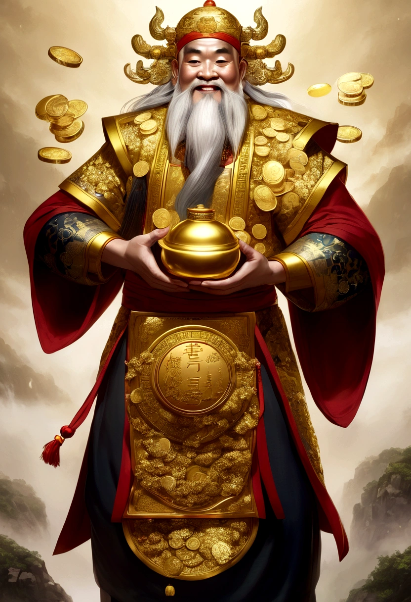 Chinesischer Gott des Reichtums，lachen，hält einen Stapel Goldmünzen in der Hand，weiß bärtig，freundlich und freundlich，Goldmünzen-Blitz