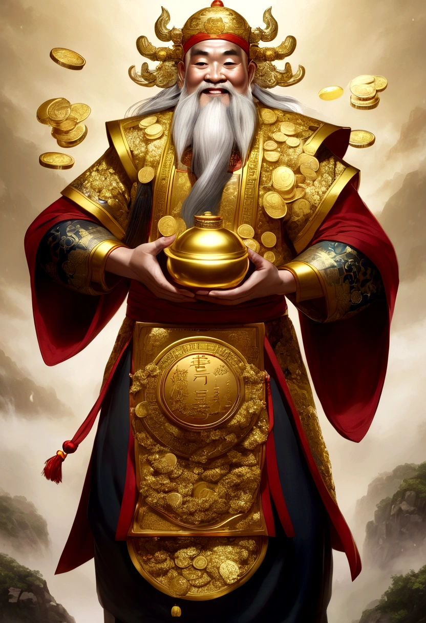 Chinese God of Wealth，Laught，Holding a stack of gold coins，white bearded，kind and kindness，gold coin flash