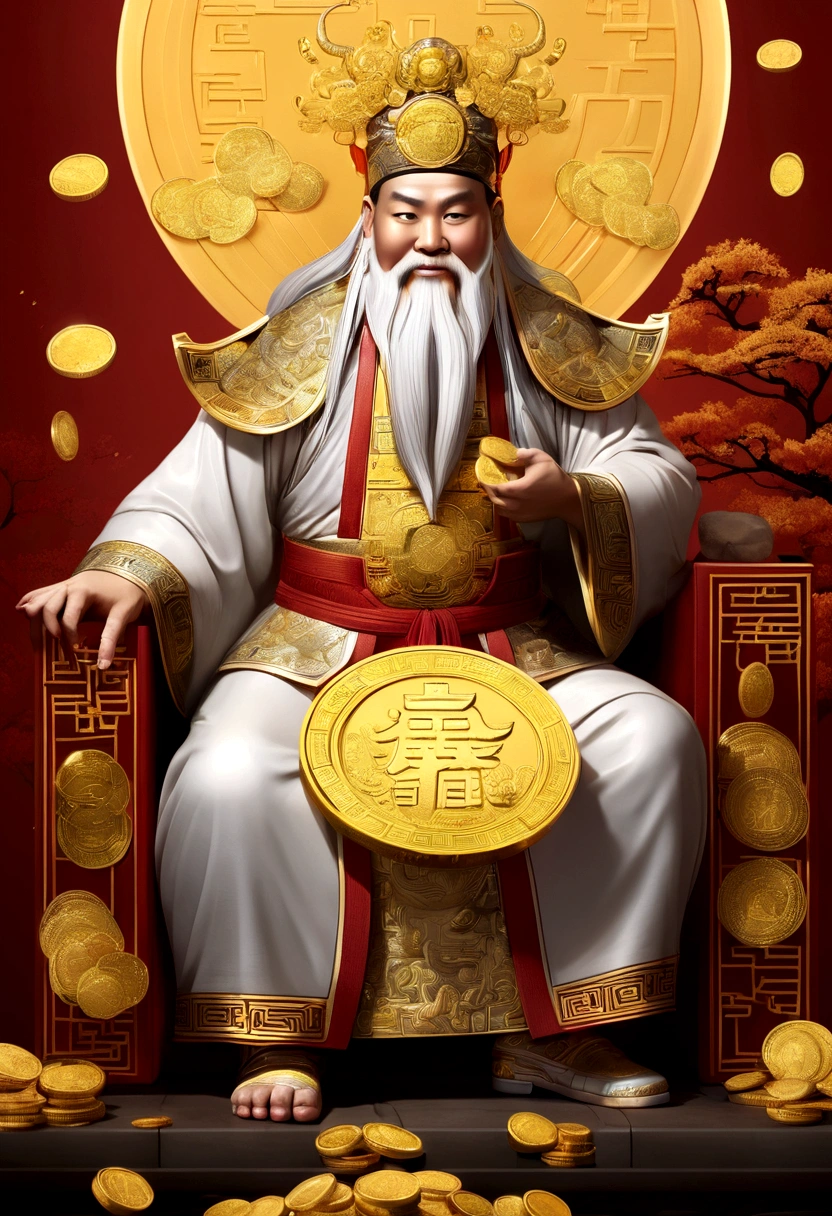 Chinese God of Wealth，Laught，Holding a stack of gold coins，white bearded，kind and kindness，gold coin flash