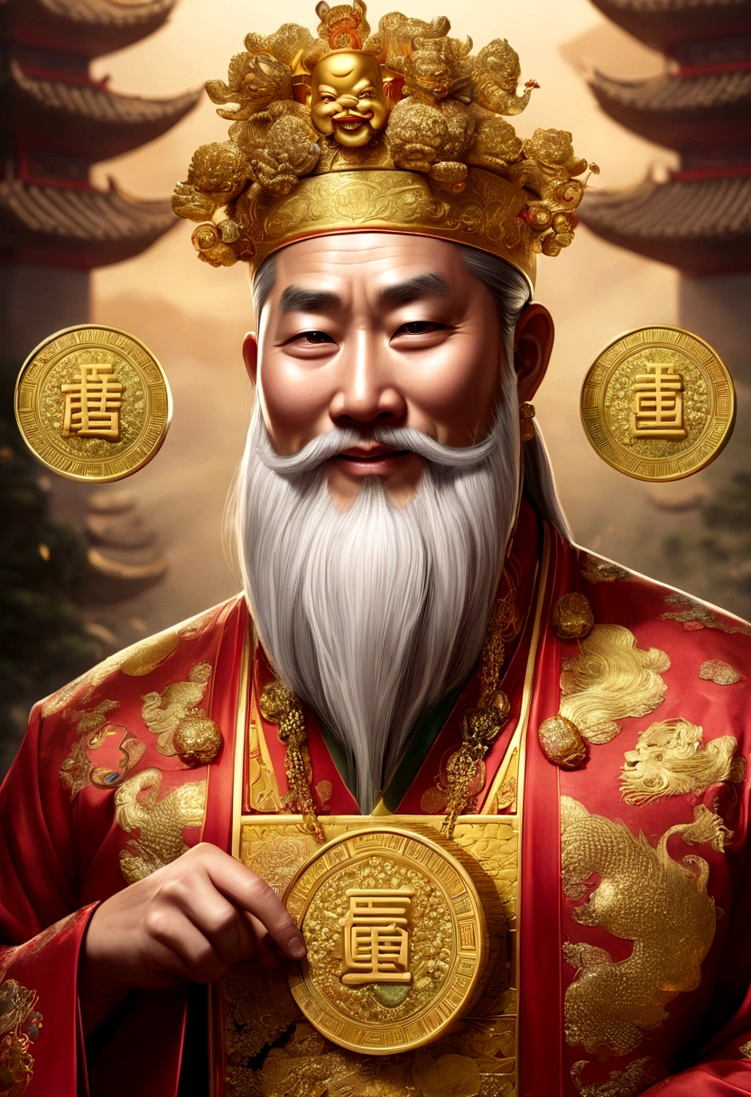 Chinese God of Wealth，Laught，Holding a stack of gold coins，white bearded，kind and kindness，gold coin flash