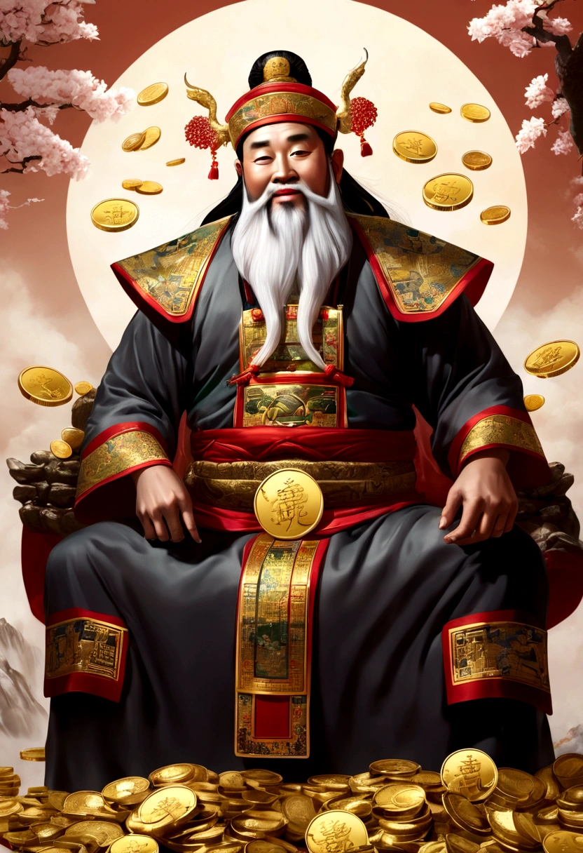 Deus Chinês da Riqueza，rir，Segurando uma pilha de moedas de ouro，barbudo branco，gentil e gentil，flash de moeda de ouro