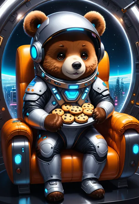 (Cute cartoon style:1.3), (((close-up of bear sitting on futuristic sofa))), (full sleek cyberpunk spacesuit:1.2), ((open head))...