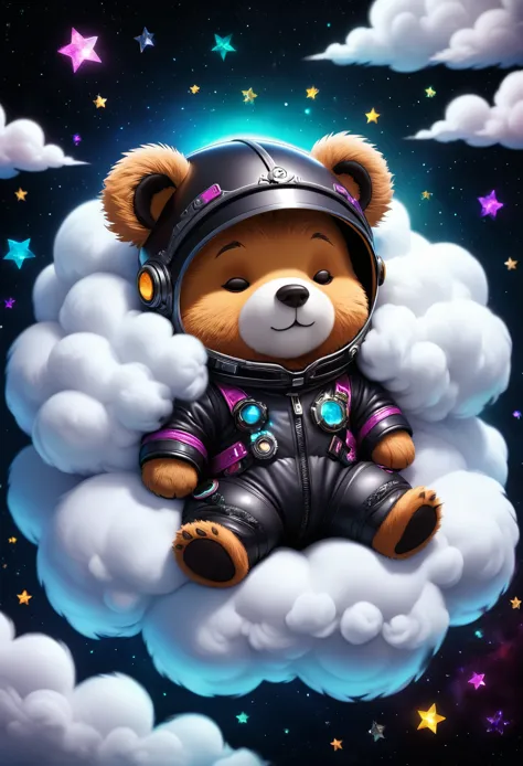 (Cute cartoon style:1.3), (((close-up of mighty bear sleeping on soft clouds))), (full sleek cyberpunk spacesuit:1.2), ((open he...