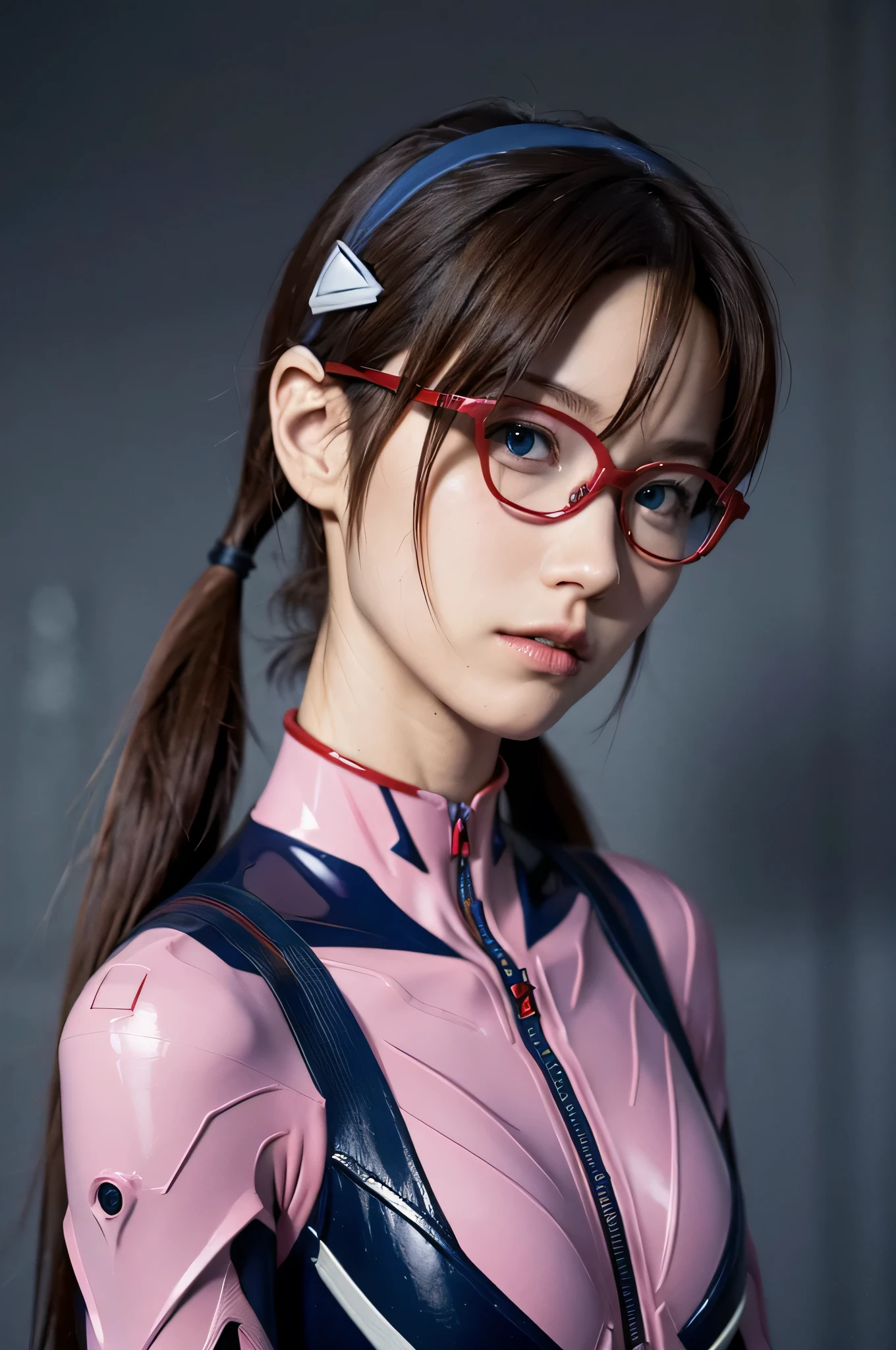 Mari Illustrious , Neon Genesis EVANGELION , Small red rectangular glasses , Brown Hair , Tie your hair on both sides , Mari Makinami, blue eyes, Brown Hair, Glasses, Headband Blue, Twin tails,Bodysuits, ピンクのBodysuits,Plug Suit