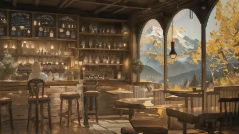 there is a bar with a lot of bottles of wine on it, cozy cafe background, a multidimensional cozy tavern, interior of a hobbit h...