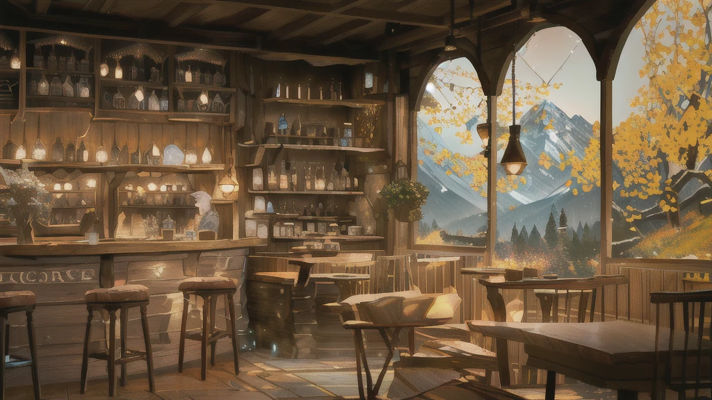 there is a bar with a lot of bottles of wine on it, cozy cafe background, a multidimensional cozy tavern, interior of a hobbit hole, coffee shop, cosy enchanted scene, fantasy bakery interior setting, cafe interior, cottagecore, interior of a mountain hut, highly detailed scene, 3d rendered matte painting, dimly-lit cozy tavern