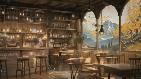 there is a bar with a lot of bottles of wine on it, cozy cafe background, a multidimensional cozy tavern, interior of a hobbit h...