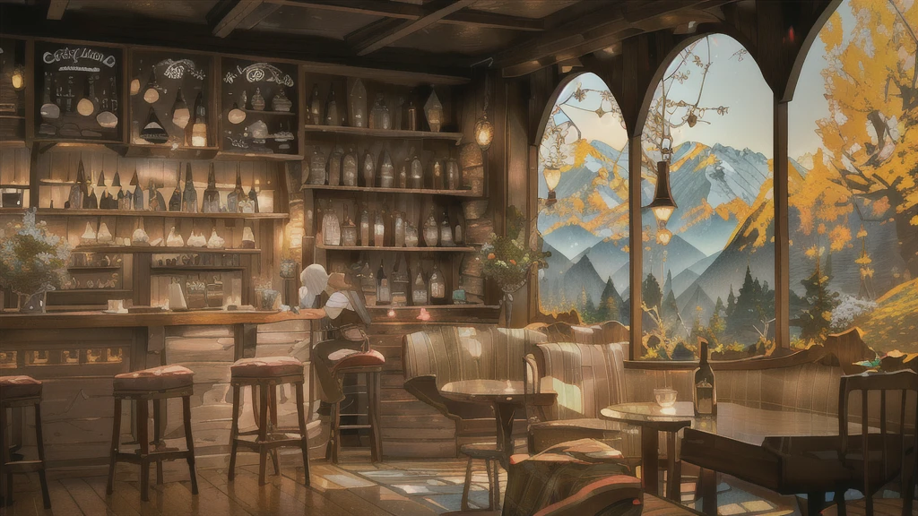 there is a bar with a lot of bottles of wine on it, cozy cafe background, a multidimensional cozy tavern, interior of a hobbit hole, coffee shop, cosy enchanted scene, fantasy bakery interior setting, cafe interior, cottagecore, interior of a mountain hut, highly detailed scene, 3d rendered matte painting, dimly-lit cozy tavern