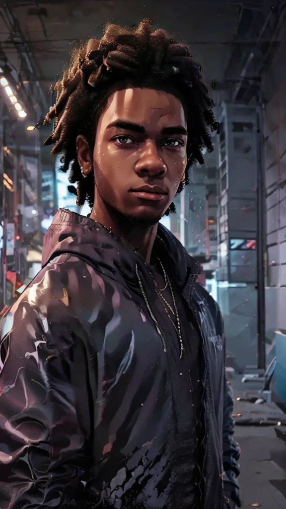 Dark-skinned young man, blue eyes and black coat, afro organized light blue, organized afro style hair, in anime style, colourful drawing, unrealistic character concept, character concept portrait of mine, detailed portrait of the character, anime style character, anime style portrait.