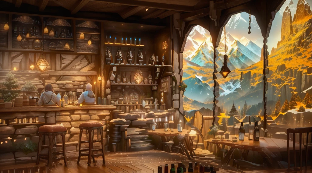 there is a bar with a lot of bottles of wine on it, cozy cafe background, a multidimensional cozy tavern, interior of a hobbit hole, coffee shop, cosy enchanted scene, fantasy bakery interior setting, cafe interior, cottagecore, interior of a mountain hut, highly detailed scene, 3d rendered matte painting, dimly-lit cozy tavern