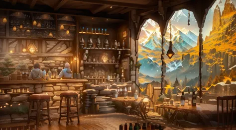 there is a bar with a lot of bottles of wine on it, cozy cafe background, a multidimensional cozy tavern, interior of a hobbit h...