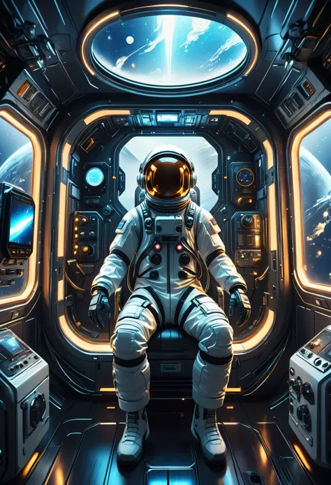 a futuristic astronaut in a space capsule, control panel, high-tech interior, metal and glass materials, atmospheric lighting, d...