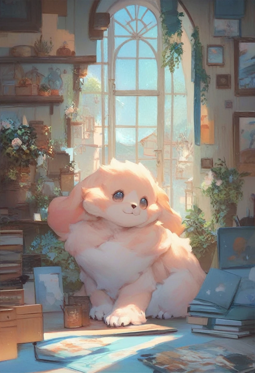 score_9, score_8_up, score_7_up, score_6_up, score_5_up, score_4_up, fluffy large dog and human baby playing together, soft sparkling effects, room in the house, large windows, cute illustration style, fusion of watercolors and oil paintings, light pastel colors, 2.5D