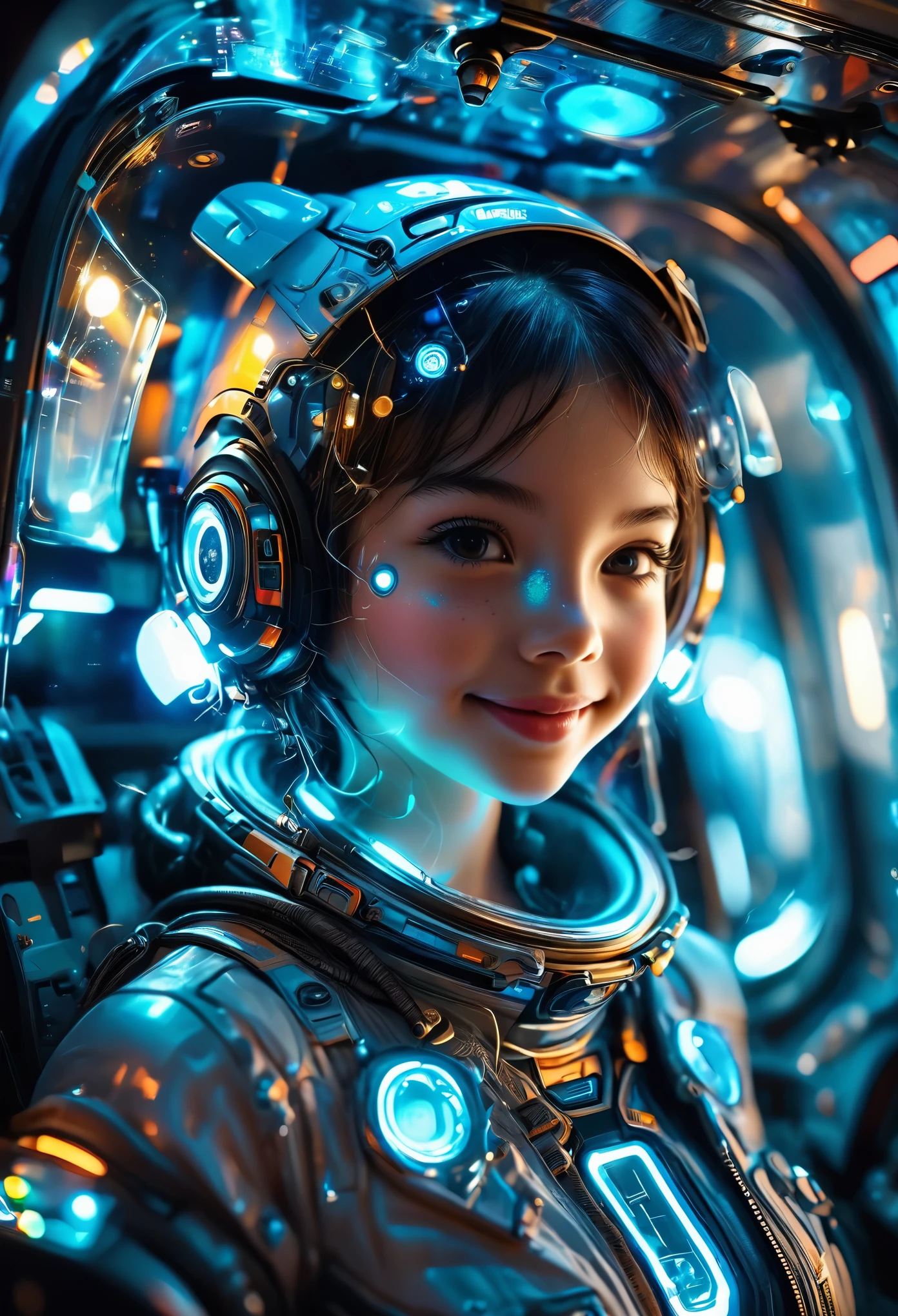 Future astronauts in space capsule, capacete de vidro，Beautiful face，Sweet smile，high tech，control Panel, high tech内饰, Metal and glass materials, Atmospheric lighting, Dramatic composition, Intricate details, Reality, Concept art style